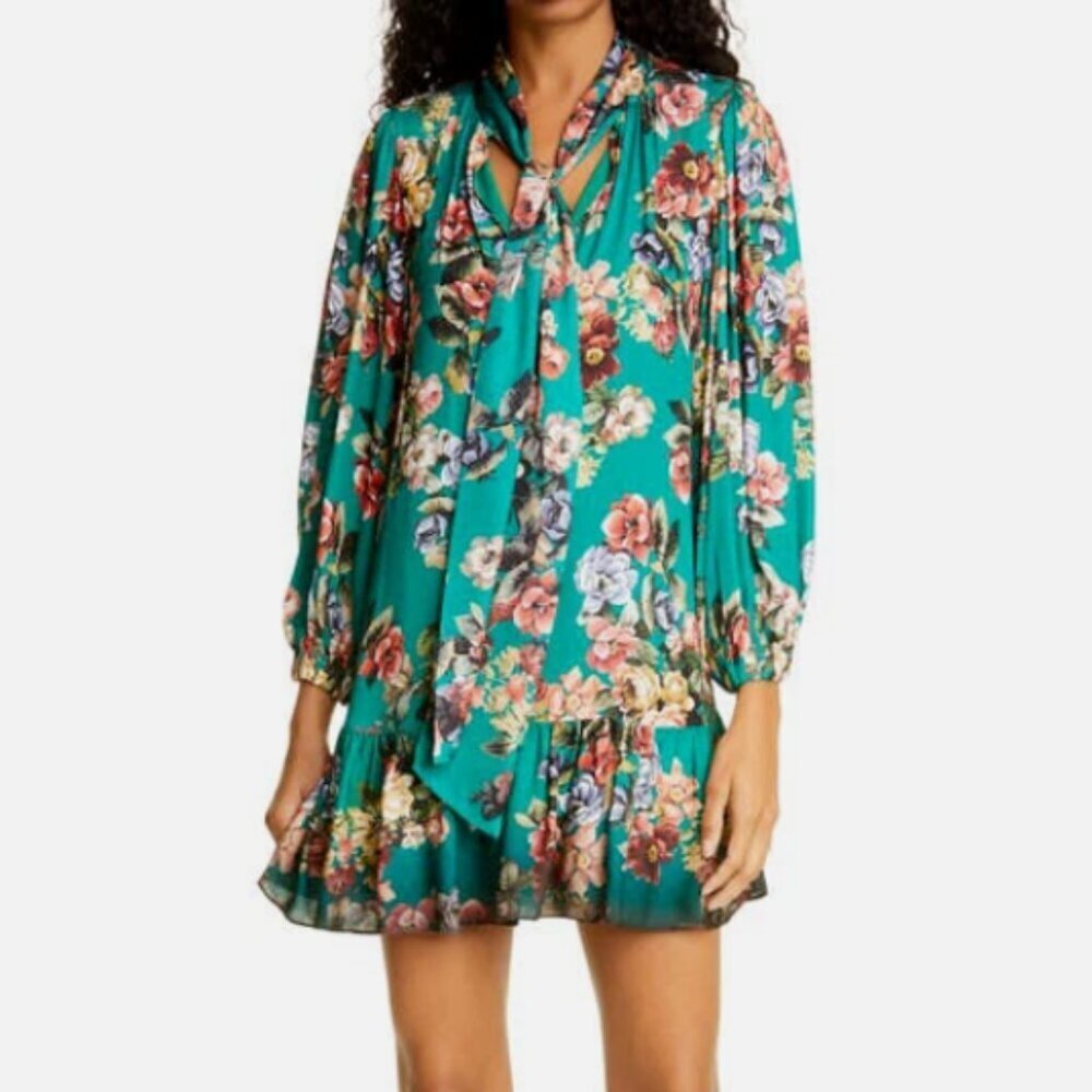 Alice + Olivia Merrilee Floral Long Sleeve Tie Neck Mini Dress Size XS